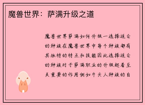 魔兽世界：萨满升级之道