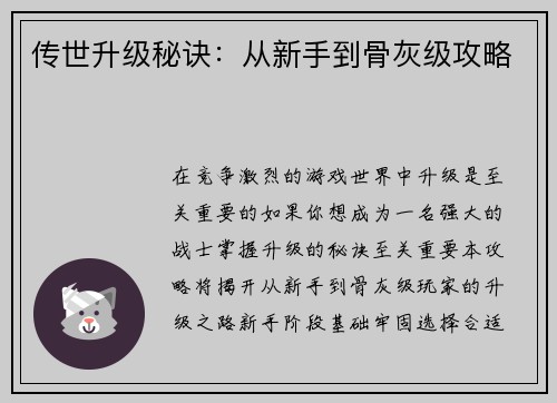 传世升级秘诀：从新手到骨灰级攻略